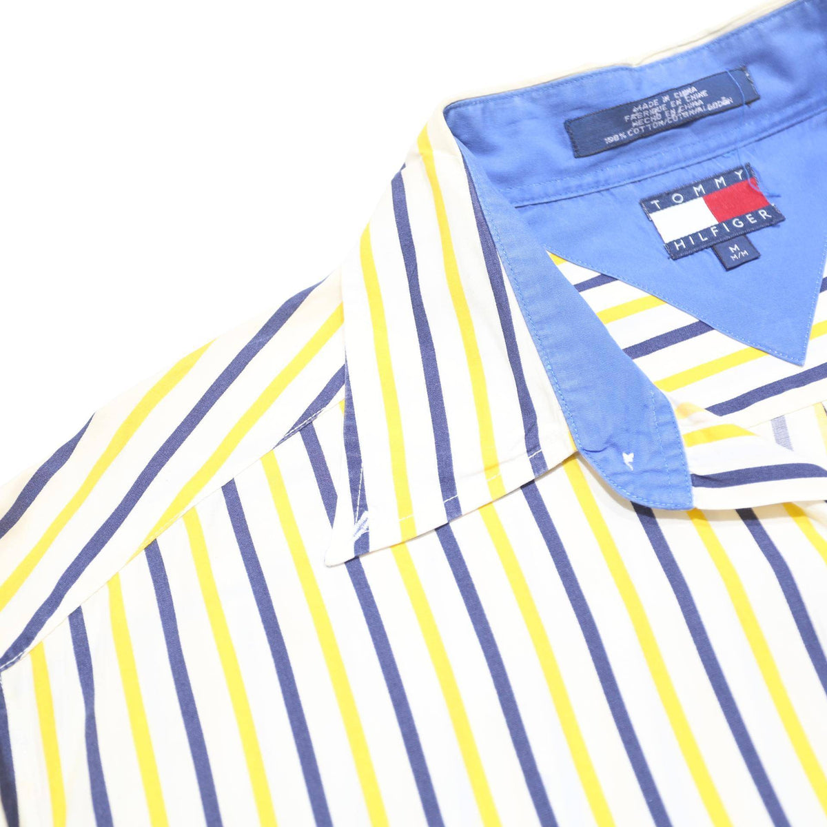 TOMMY HILFIGER Mens Yellow & Blue Striped Cotton Shirt M Long Sleeve Casual