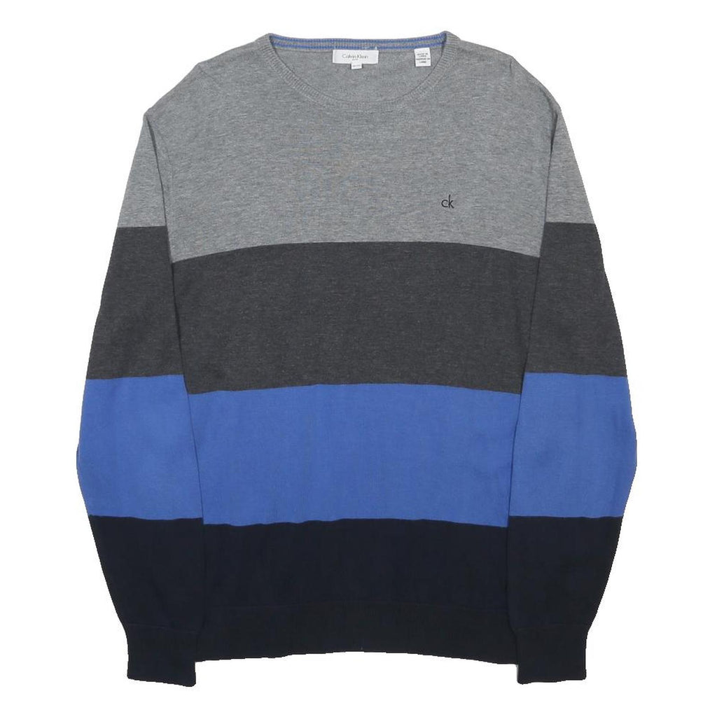 CALVIN KLEIN Mens Grey Black Blue Striped Crew Neck Basic Knit Jumper XL Cotton