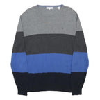 CALVIN KLEIN Mens Grey Black Blue Striped Crew Neck Basic Knit Jumper XL Cotton
