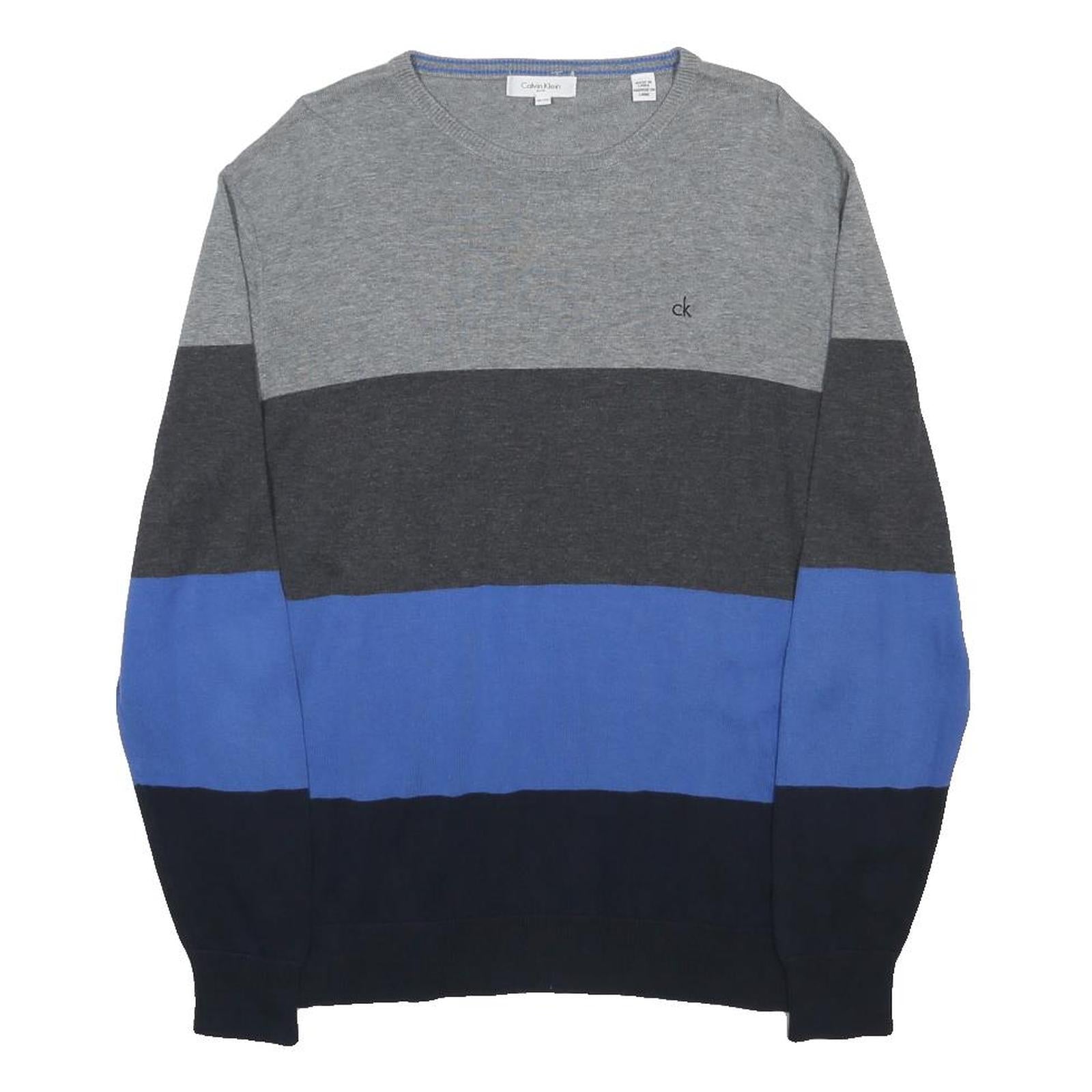 CALVIN KLEIN Mens Grey Black Blue Striped Crew Neck Basic Knit Jumper XL Cotton