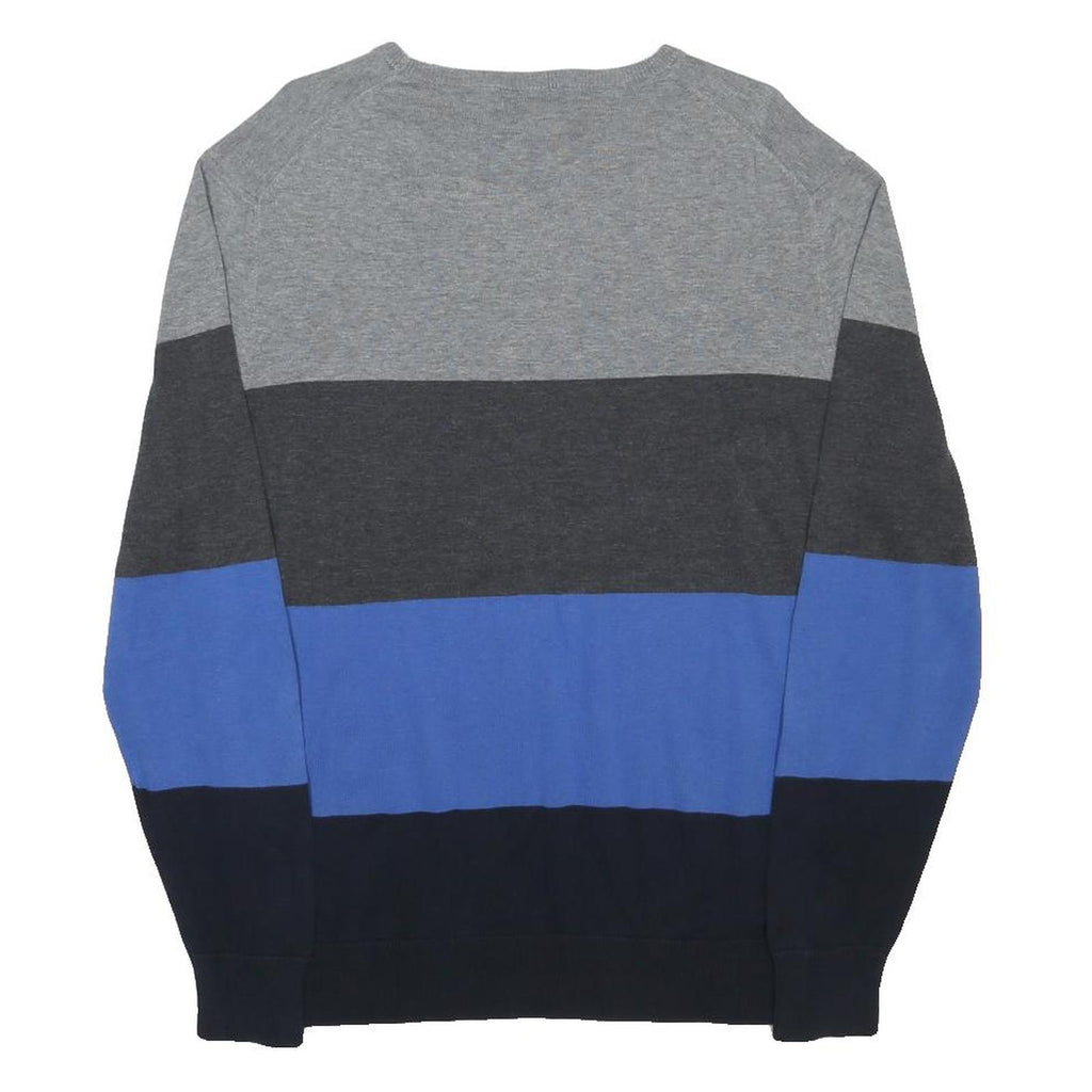 CALVIN KLEIN Mens Grey Black Blue Striped Crew Neck Basic Knit Jumper XL Cotton