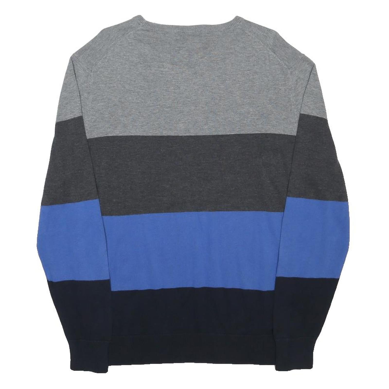 CALVIN KLEIN Mens Grey Black Blue Striped Crew Neck Basic Knit Jumper XL Cotton