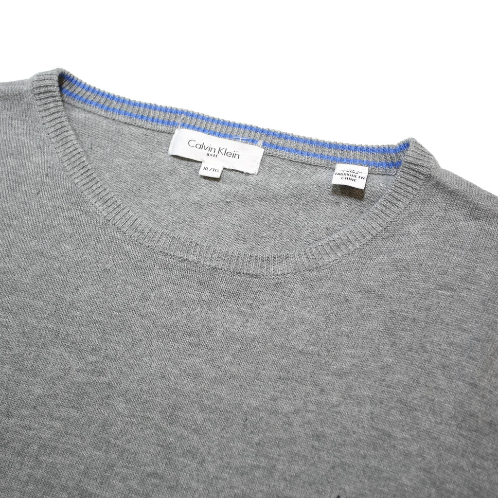 CALVIN KLEIN Mens Grey Black Blue Striped Crew Neck Basic Knit Jumper XL Cotton