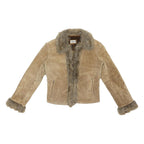 YESSICA Y2K Womens Beige Leather Faux Fur Trim Jacket S Suede Stylish Winter