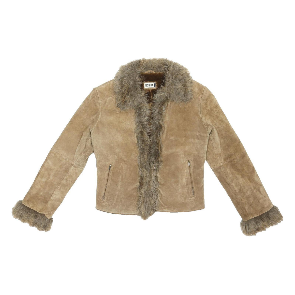 YESSICA Y2K Womens Beige Leather Faux Fur Trim Jacket S Suede Stylish Winter