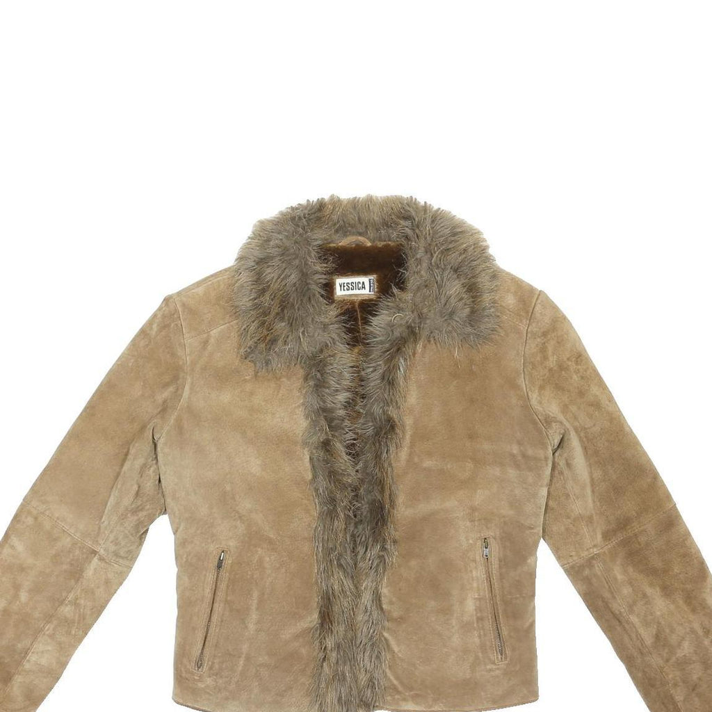 YESSICA Y2K Womens Beige Leather Faux Fur Trim Jacket S Suede Stylish Winter