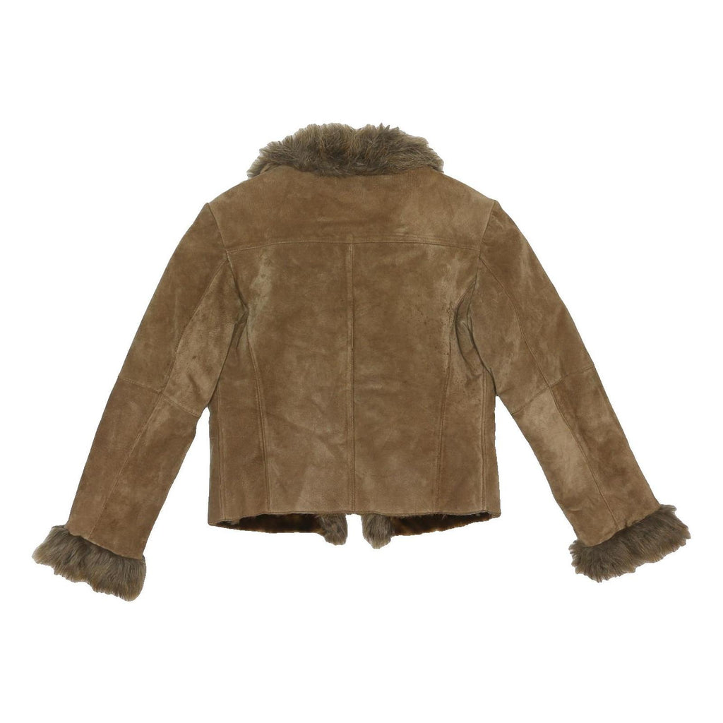 YESSICA Y2K Womens Beige Leather Faux Fur Trim Jacket S Suede Stylish Winter