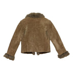 YESSICA Y2K Womens Beige Leather Faux Fur Trim Jacket S Suede Stylish Winter