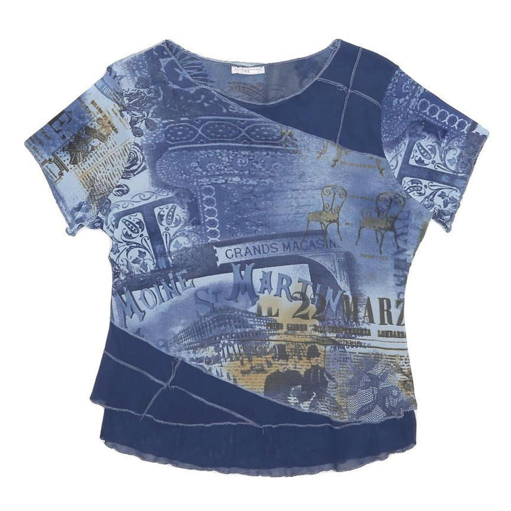 PATRICE BREAL Womens Blue Printed Top Short Sleeve Round Neck M Lightweight