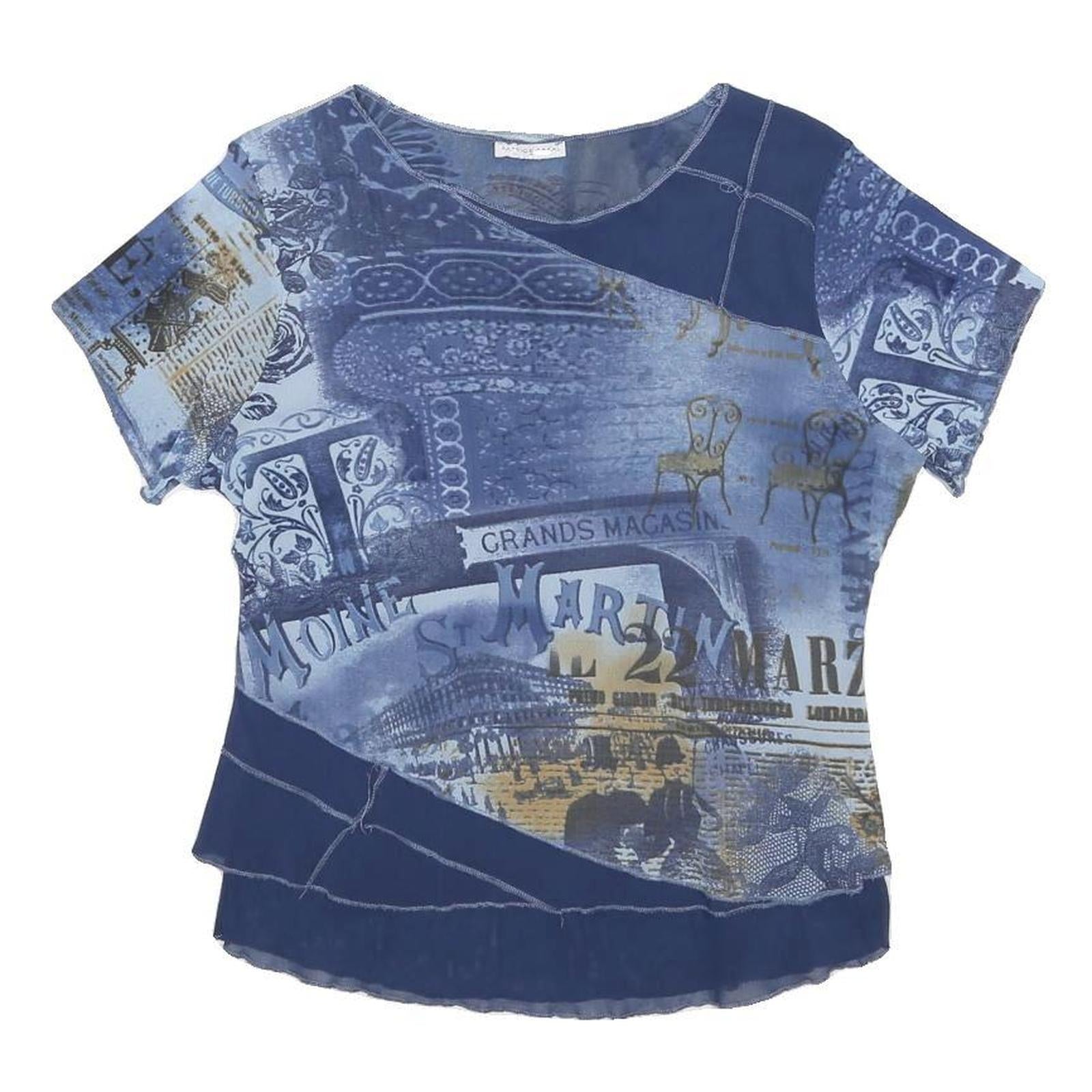 PATRICE BREAL Womens Blue Printed Top Short Sleeve Round Neck M Lightweight