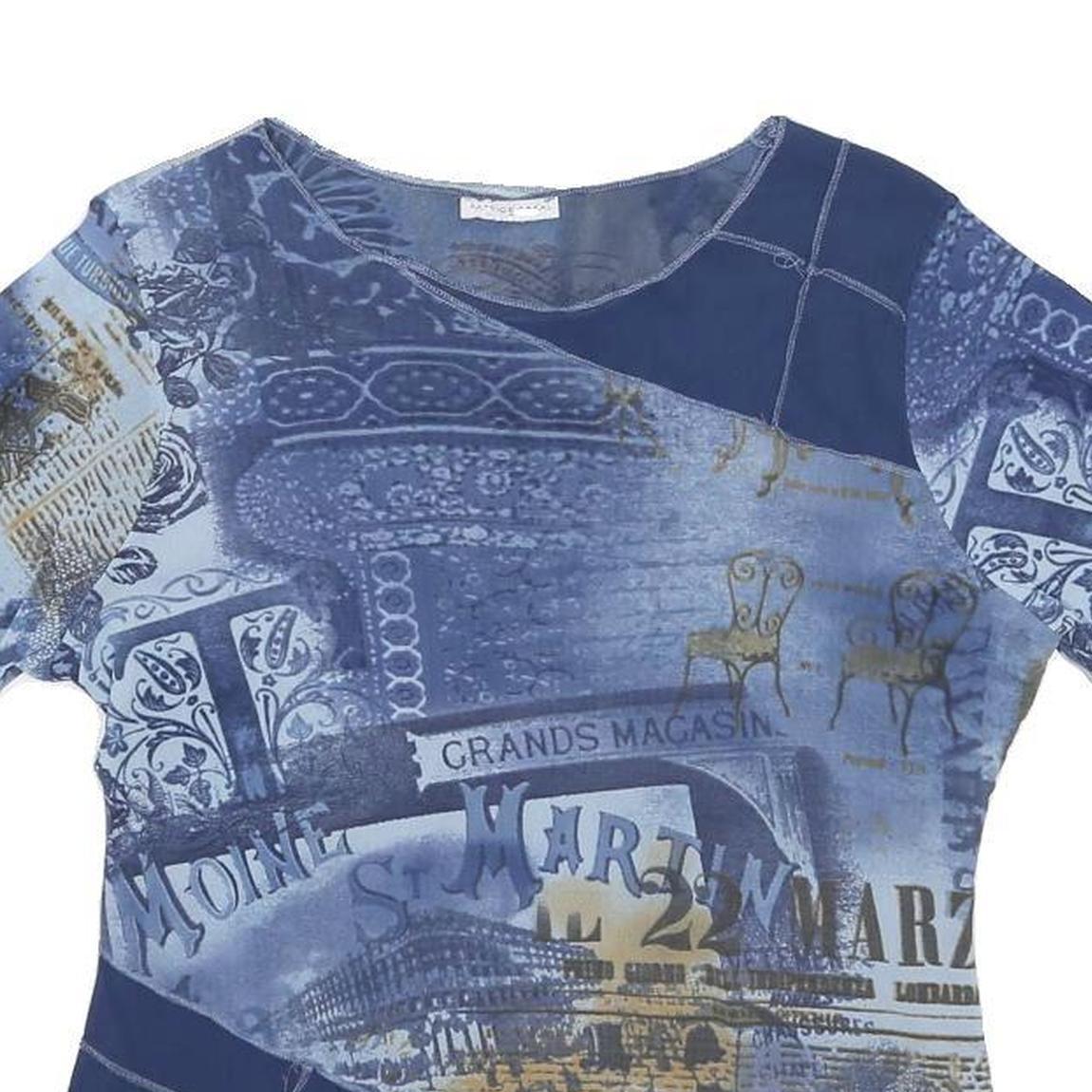 PATRICE BREAL Womens Blue Printed Top Short Sleeve Round Neck M Lightweight