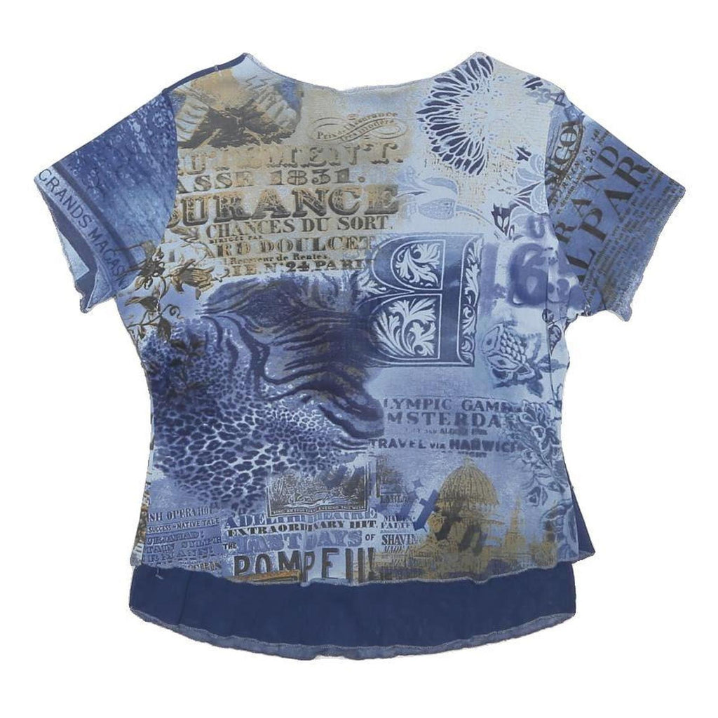 PATRICE BREAL Womens Blue Printed Top Short Sleeve Round Neck M Lightweight