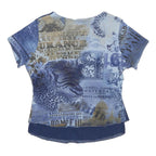 PATRICE BREAL Womens Blue Printed Top Short Sleeve Round Neck M Lightweight