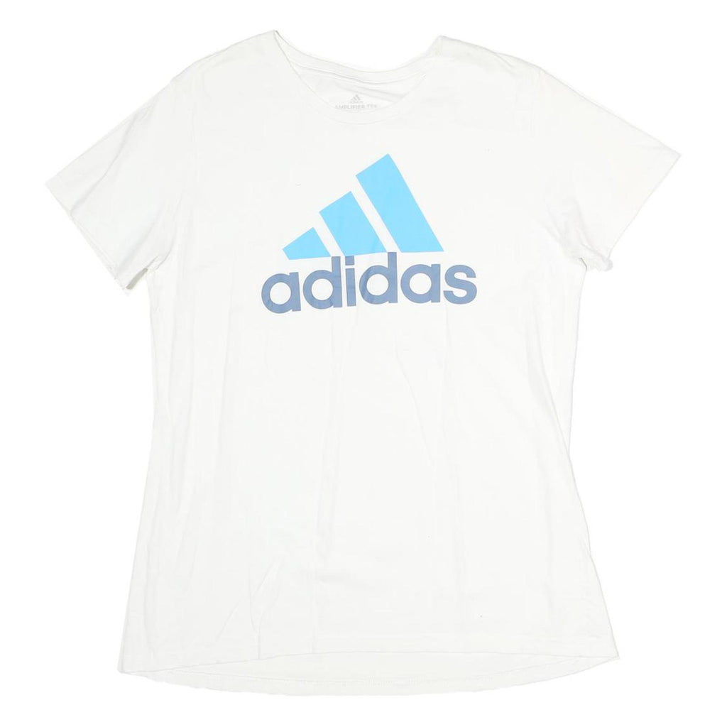 ADIDAS Mens White Light Blue Logo Graphic T-Shirt L Short Sleeve Crew Neck