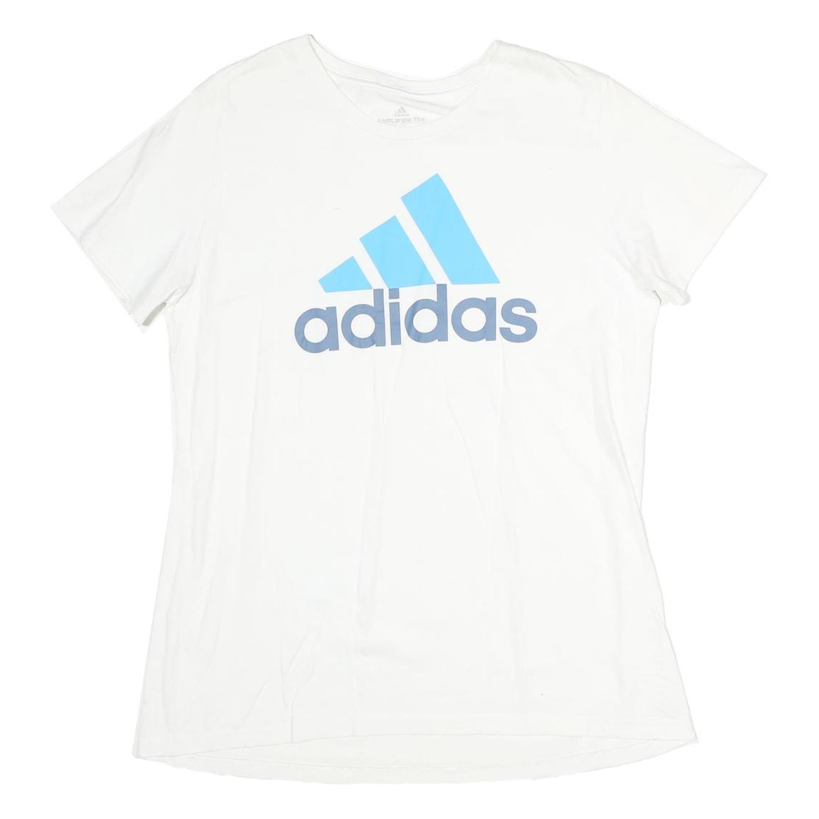 ADIDAS Mens White Light Blue Logo Graphic T-Shirt L Short Sleeve Crew Neck