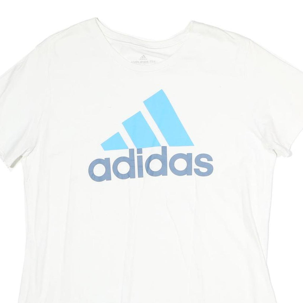 ADIDAS Mens White Light Blue Logo Graphic T-Shirt L Short Sleeve Crew Neck