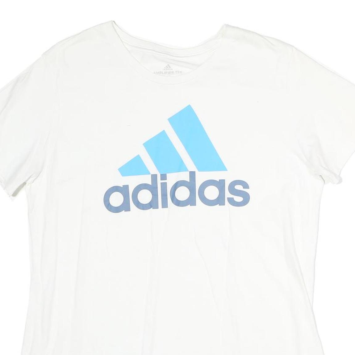 ADIDAS Mens White Light Blue Logo Graphic T-Shirt L Short Sleeve Crew Neck