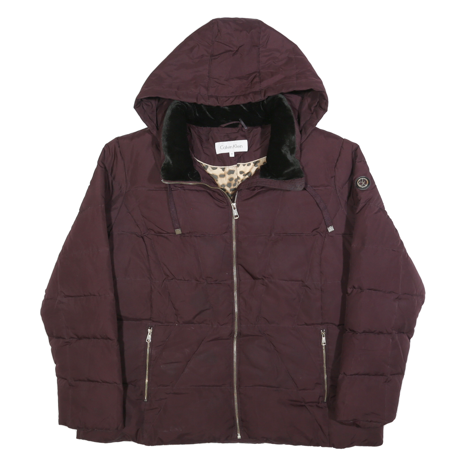 CALVIN KLEIN Womens Maroon Puffer Jacket XL Polyester Blend Hooded Zip