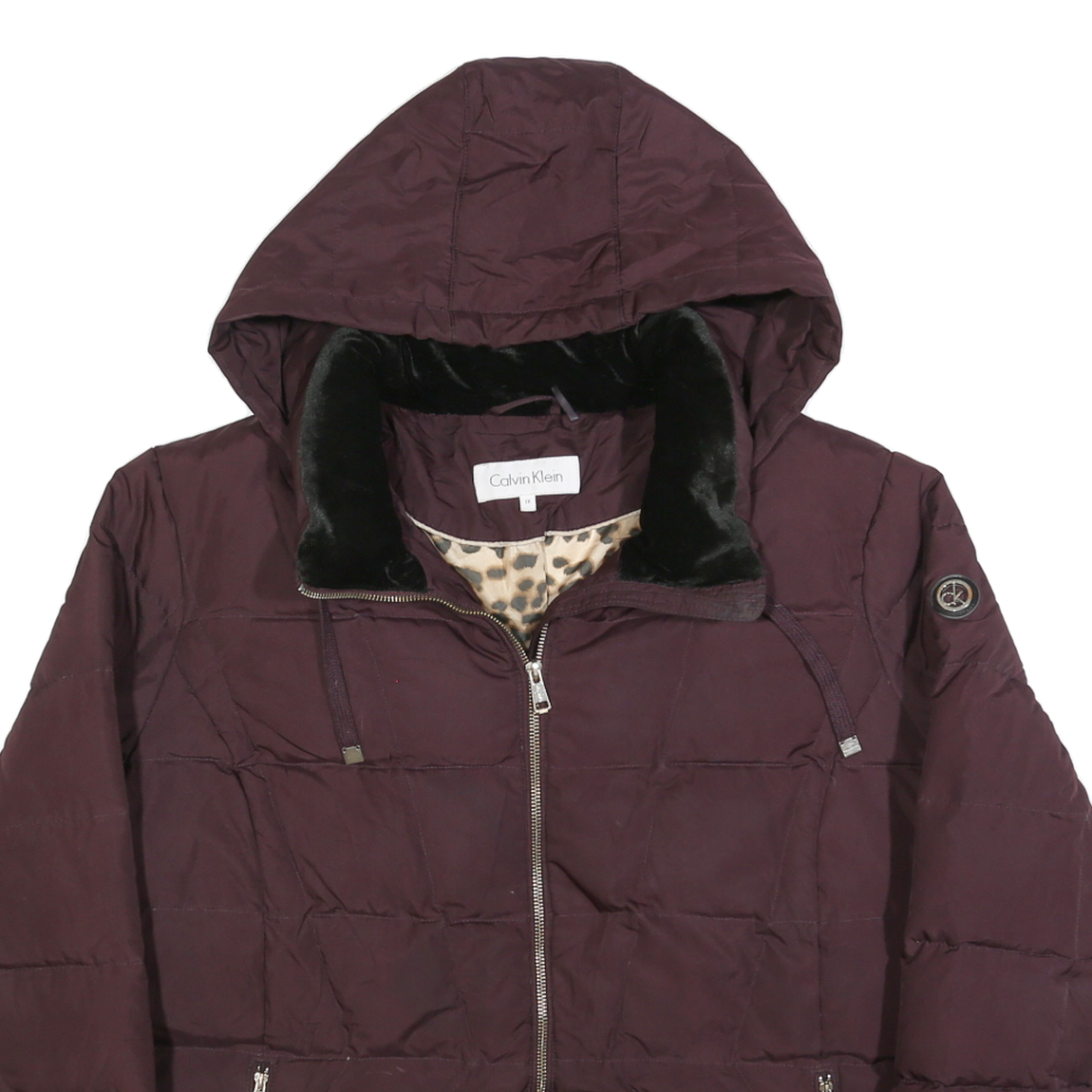 CALVIN KLEIN Womens Maroon Puffer Jacket XL Polyester Blend Hooded Zip