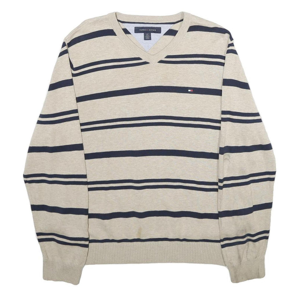 TOMMY HILFIGER Mens Beige & Navy Patterned Cotton Jumper V-Neck Rib Knit S
