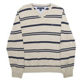 TOMMY HILFIGER Mens Beige & Navy Patterned Cotton Jumper V-Neck Rib Knit S