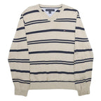 TOMMY HILFIGER Mens Beige & Navy Patterned Cotton Jumper V-Neck Rib Knit S