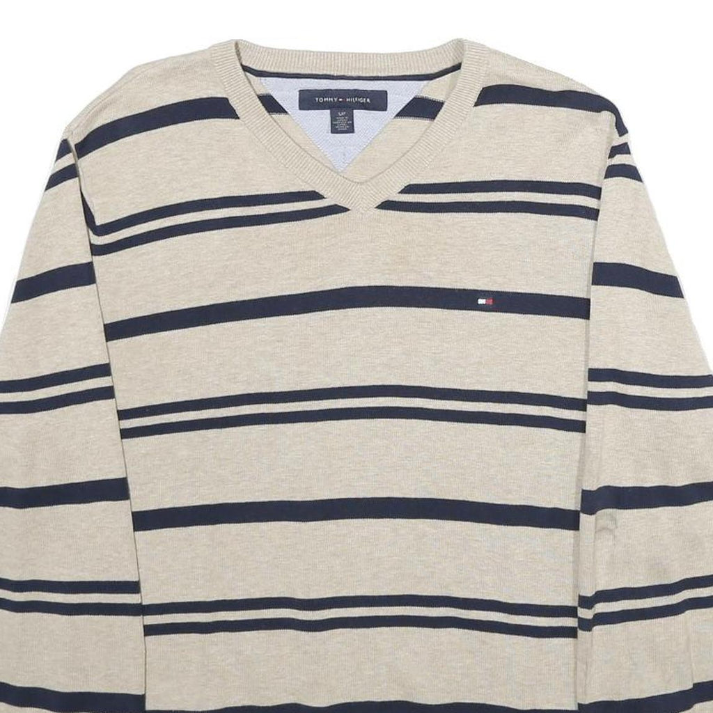 TOMMY HILFIGER Mens Beige & Navy Patterned Cotton Jumper V-Neck Rib Knit S