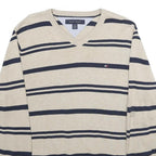 TOMMY HILFIGER Mens Beige & Navy Patterned Cotton Jumper V-Neck Rib Knit S