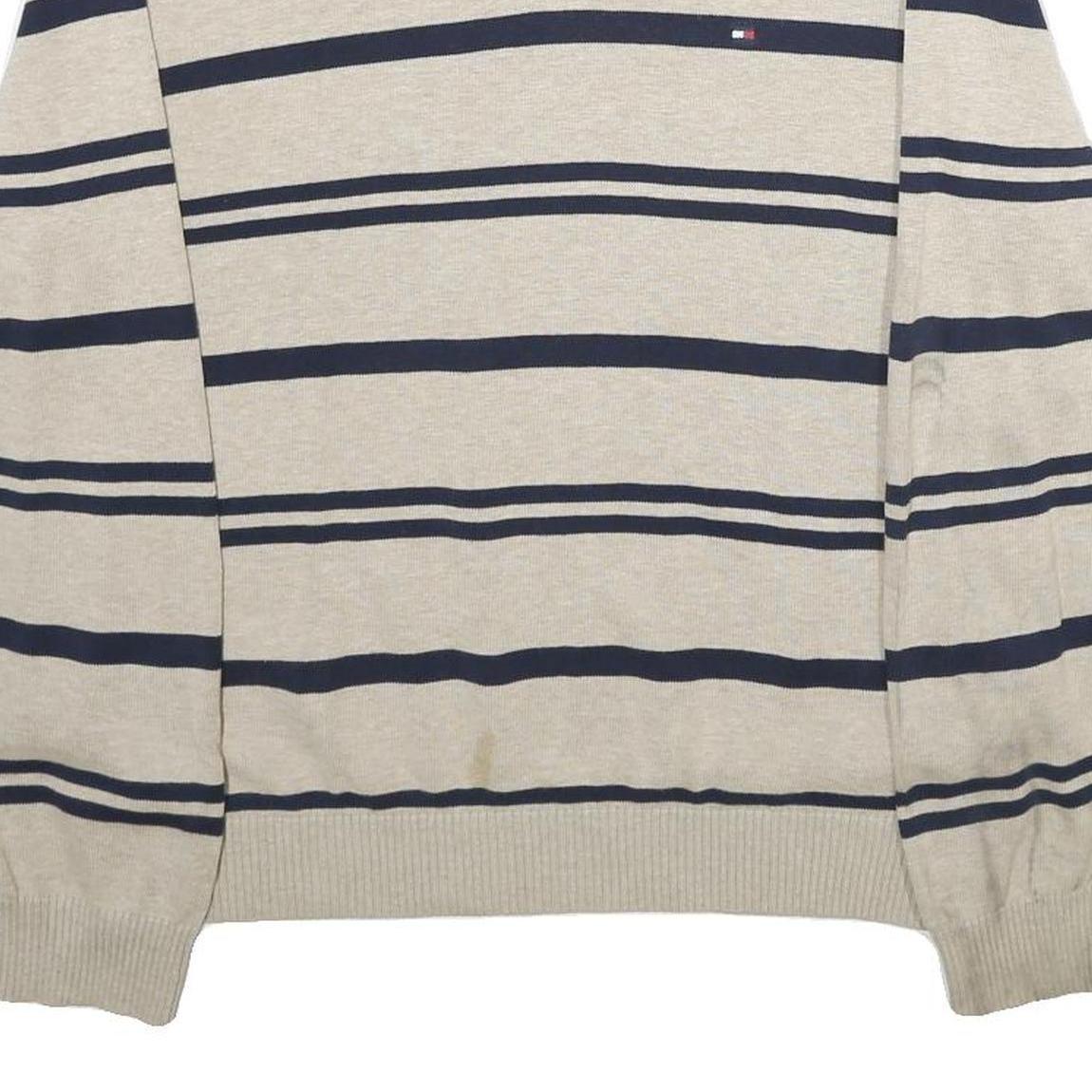 TOMMY HILFIGER Mens Beige & Navy Patterned Cotton Jumper V-Neck Rib Knit S