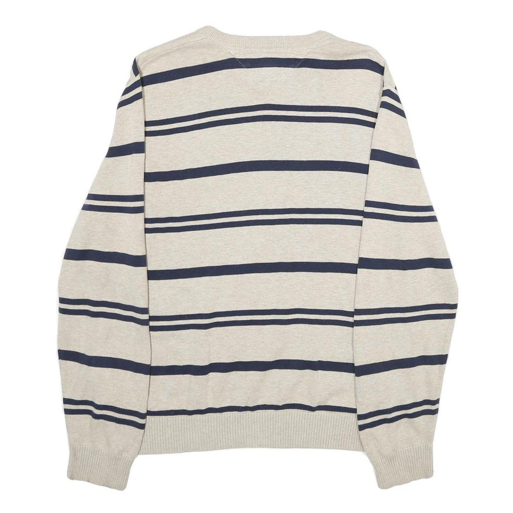 TOMMY HILFIGER Mens Beige & Navy Patterned Cotton Jumper V-Neck Rib Knit S
