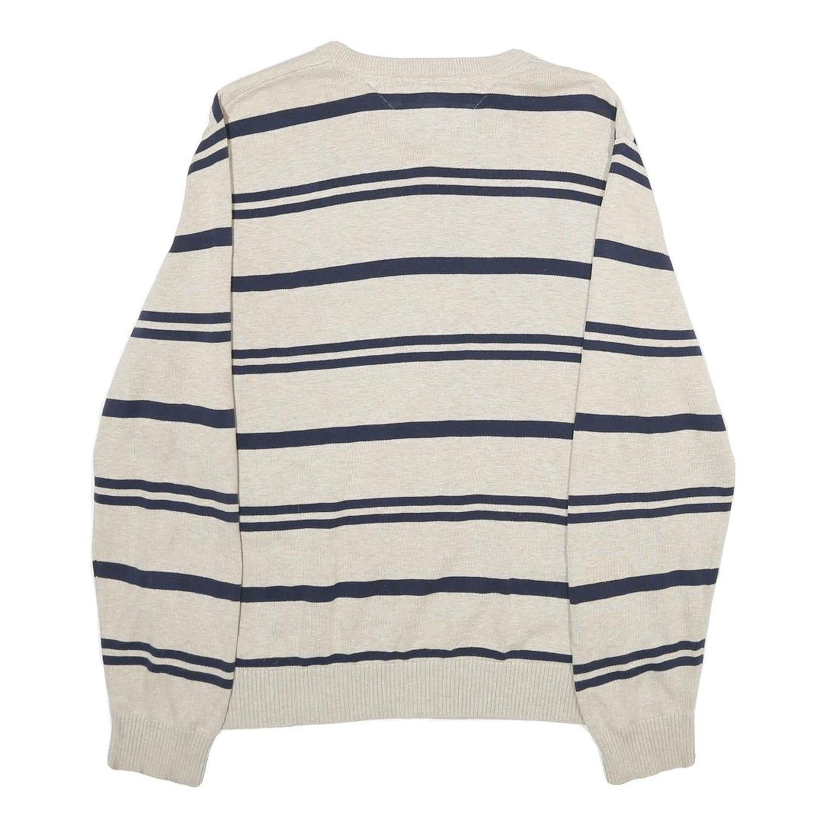 TOMMY HILFIGER Mens Beige & Navy Patterned Cotton Jumper V-Neck Rib Knit S