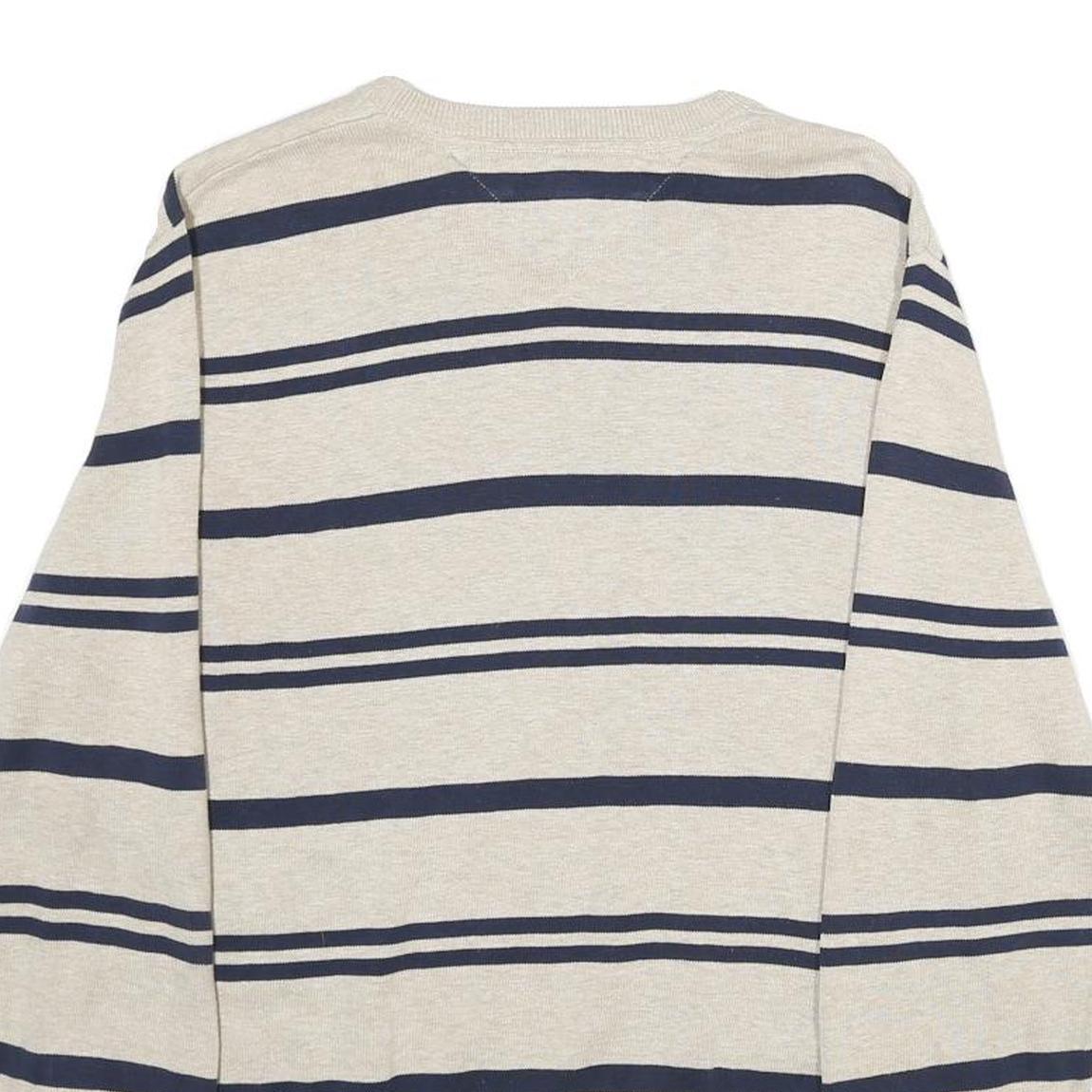 TOMMY HILFIGER Mens Beige & Navy Patterned Cotton Jumper V-Neck Rib Knit S