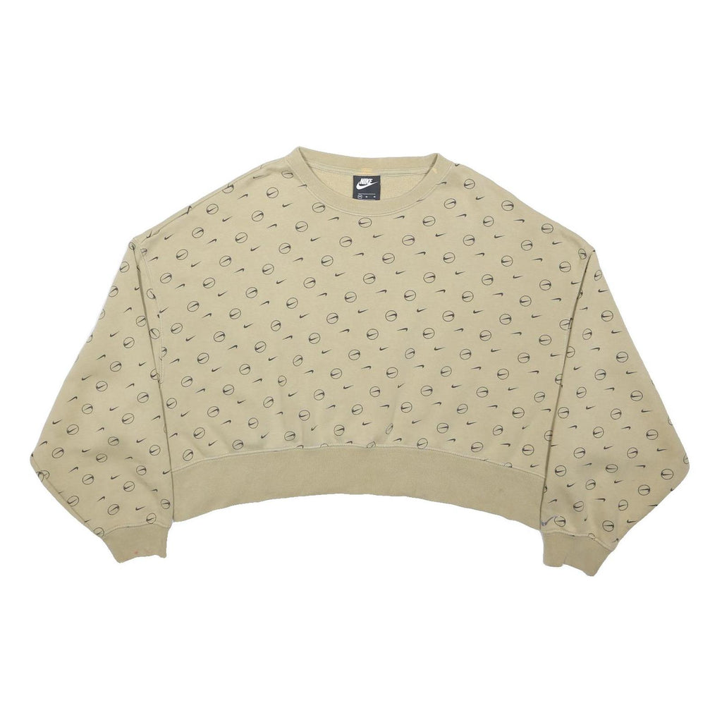 NIKE Womens Beige Sweatshirt Crew Neck M All Over Mini Swoosh Print Cropped