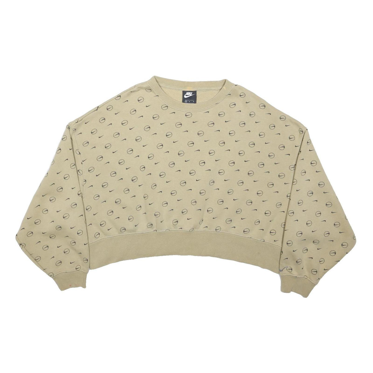 NIKE Womens Beige Sweatshirt Crew Neck M All Over Mini Swoosh Print Cropped
