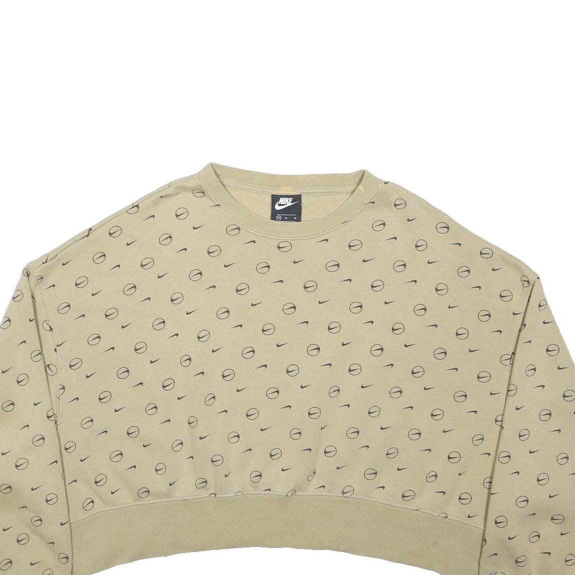 NIKE Womens Beige Sweatshirt Crew Neck M All Over Mini Swoosh Print Cropped