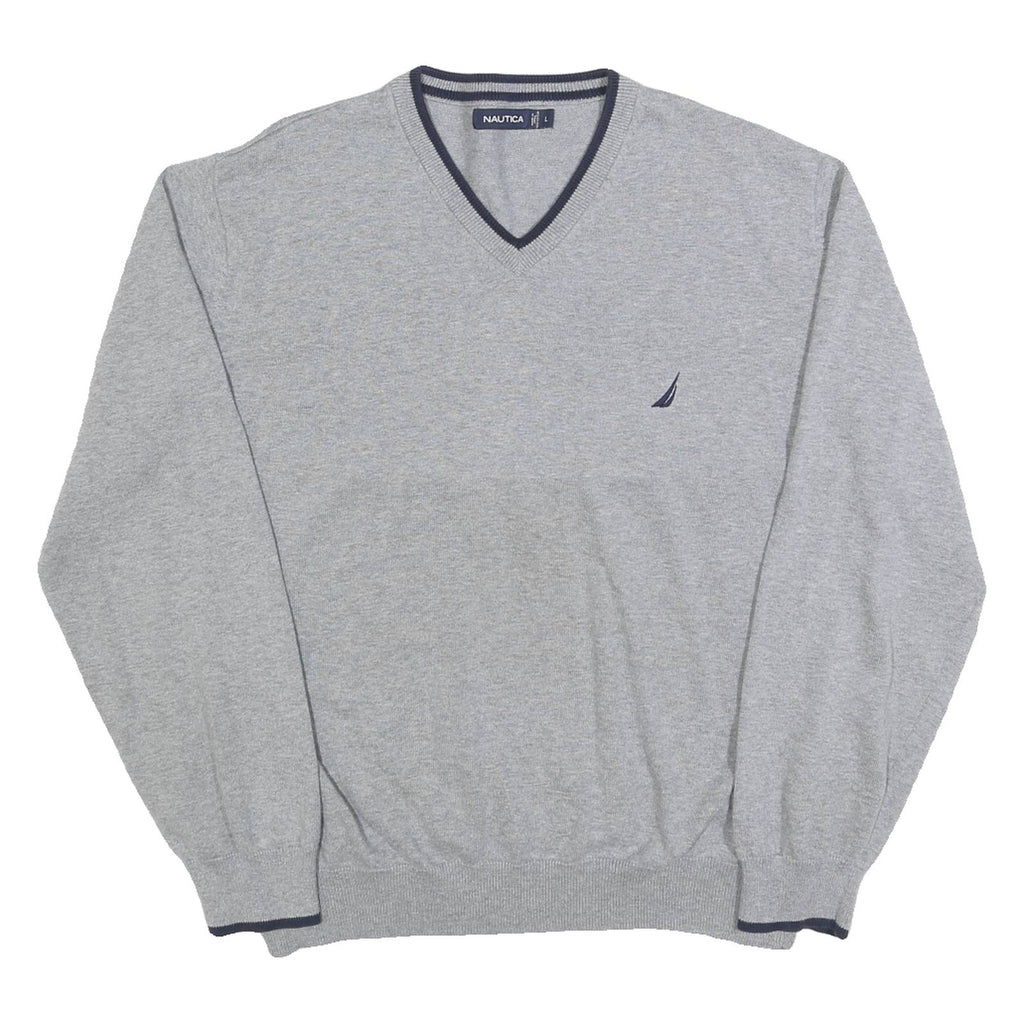 NAUTICA Mens Grey Cotton Plain V-Neck Regular Fit Jumper L Casual Classic