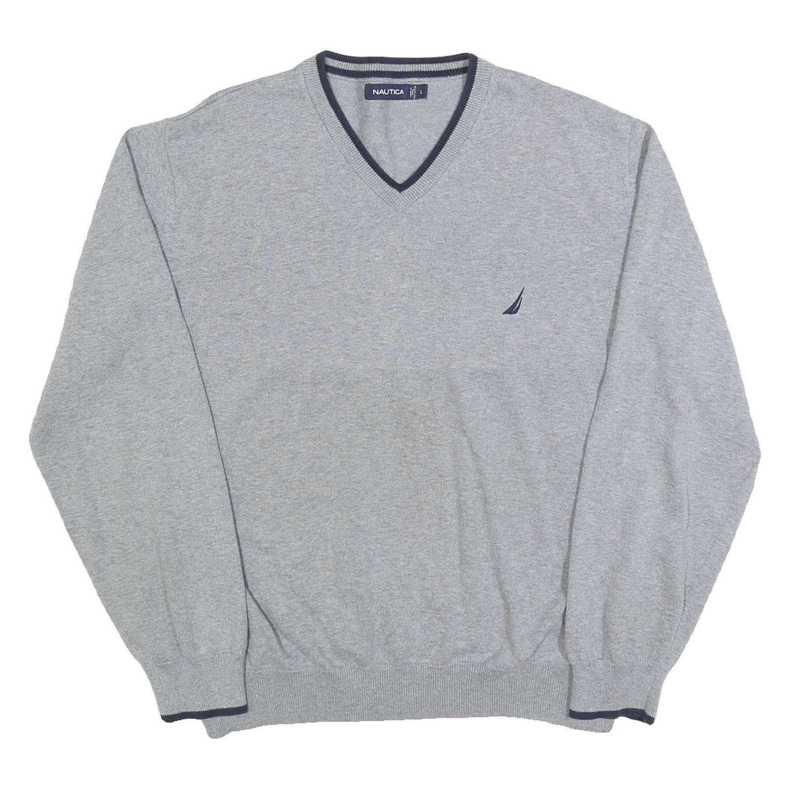 NAUTICA Mens Grey Cotton Plain V-Neck Regular Fit Jumper L Casual Classic