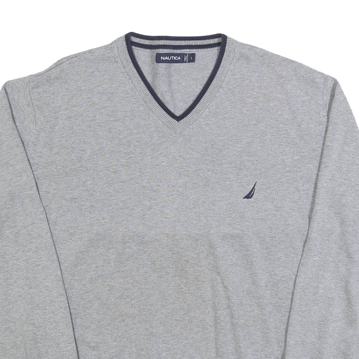 NAUTICA Mens Grey Cotton Plain V-Neck Regular Fit Jumper L Casual Classic