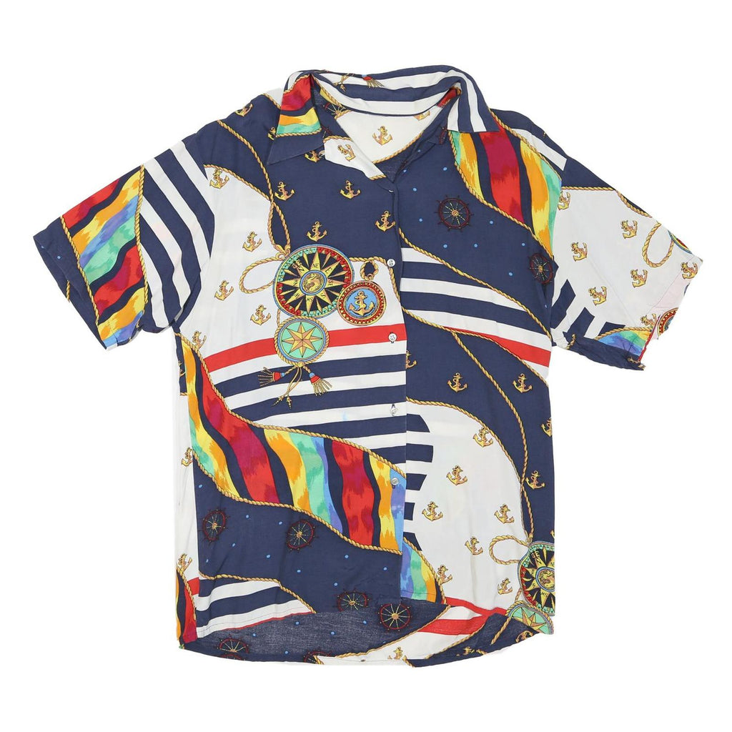 Womens Blue & White Nautical Print Short Sleeve Shirt L Cotton Blend Summer