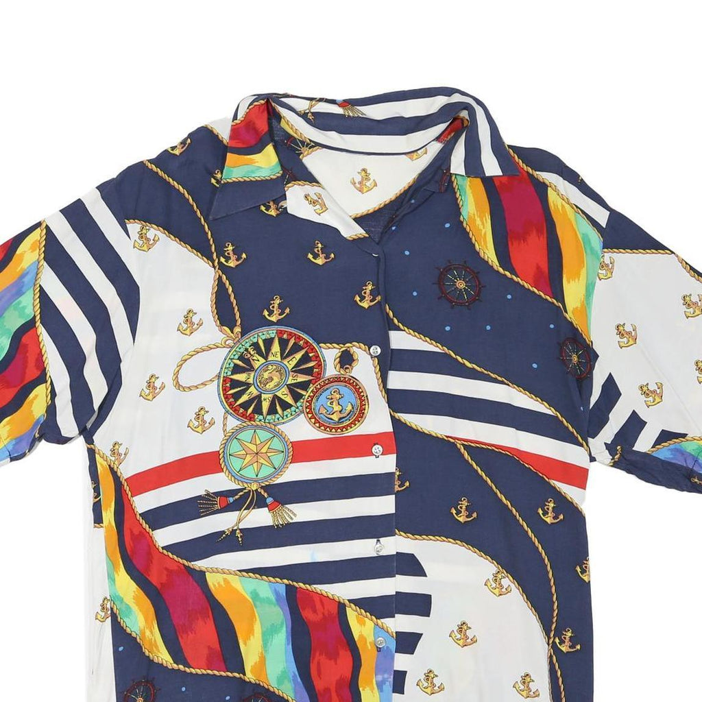 Womens Blue & White Nautical Print Short Sleeve Shirt L Cotton Blend Summer