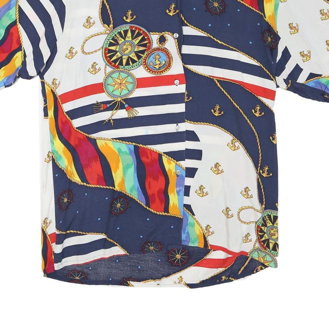 Womens Blue & White Nautical Print Short Sleeve Shirt L Cotton Blend Summer