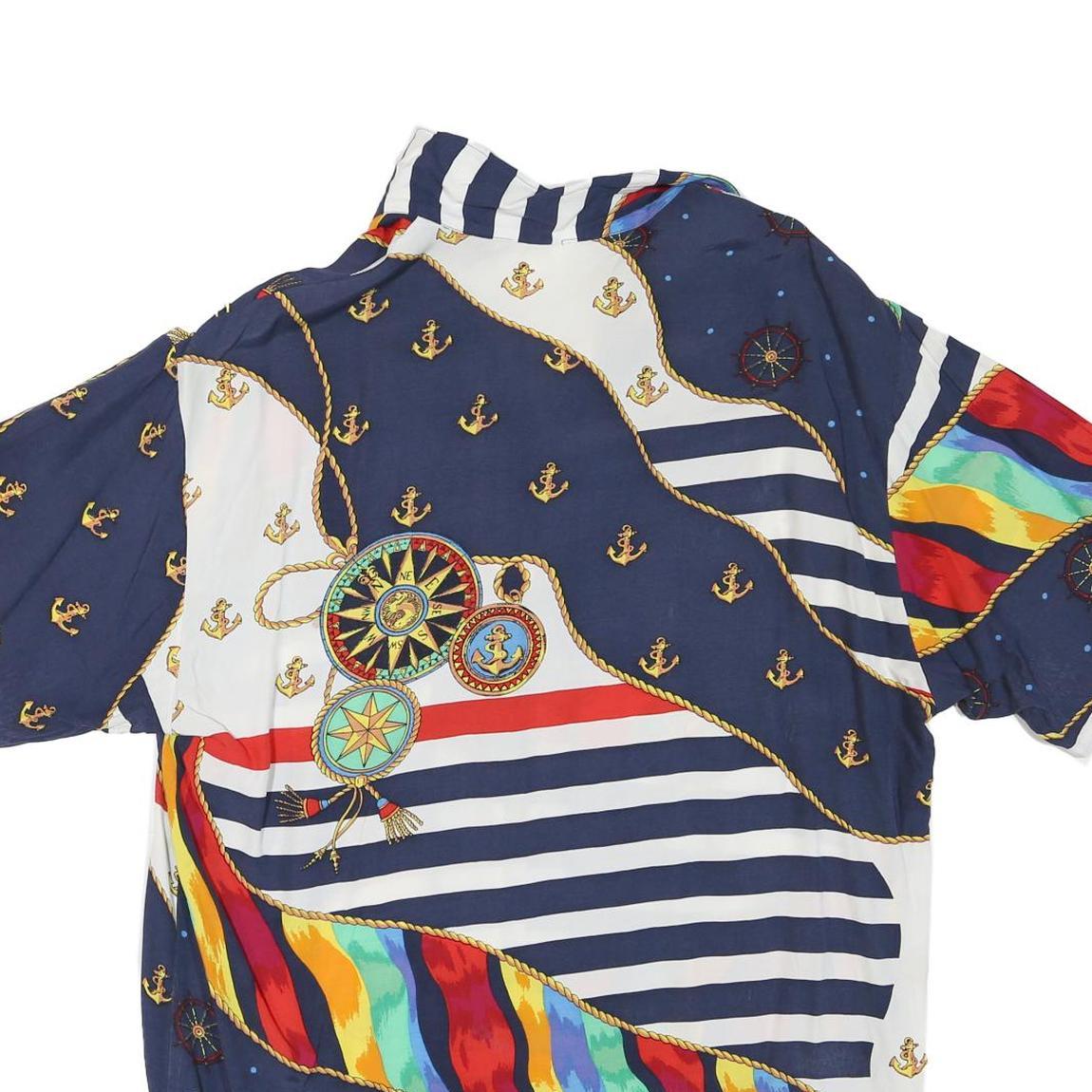 Womens Blue & White Nautical Print Short Sleeve Shirt L Cotton Blend Summer