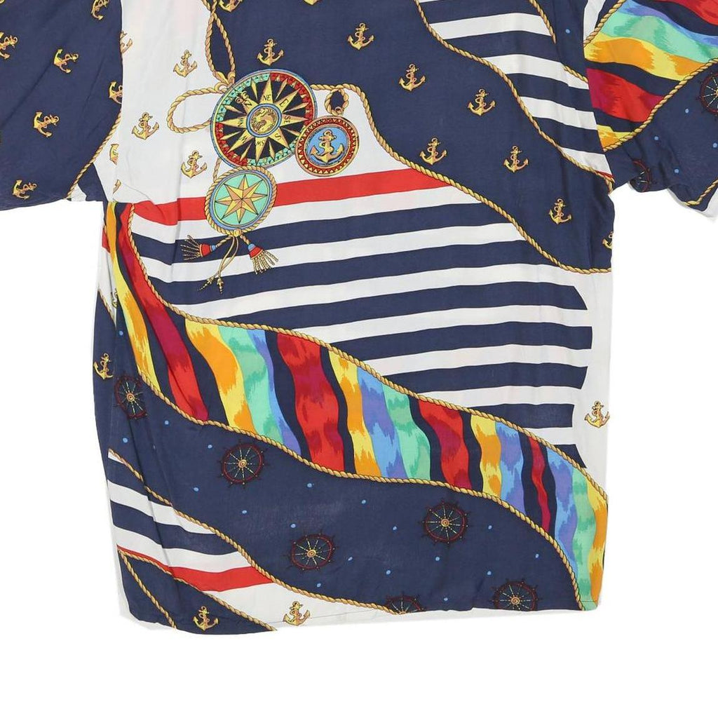 Womens Blue & White Nautical Print Short Sleeve Shirt L Cotton Blend Summer