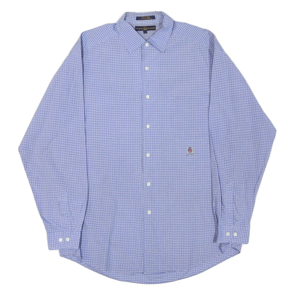 TOMMY HILFIGER Mens Blue Small Check Shirt L Classic Button Collar Long Sleeve