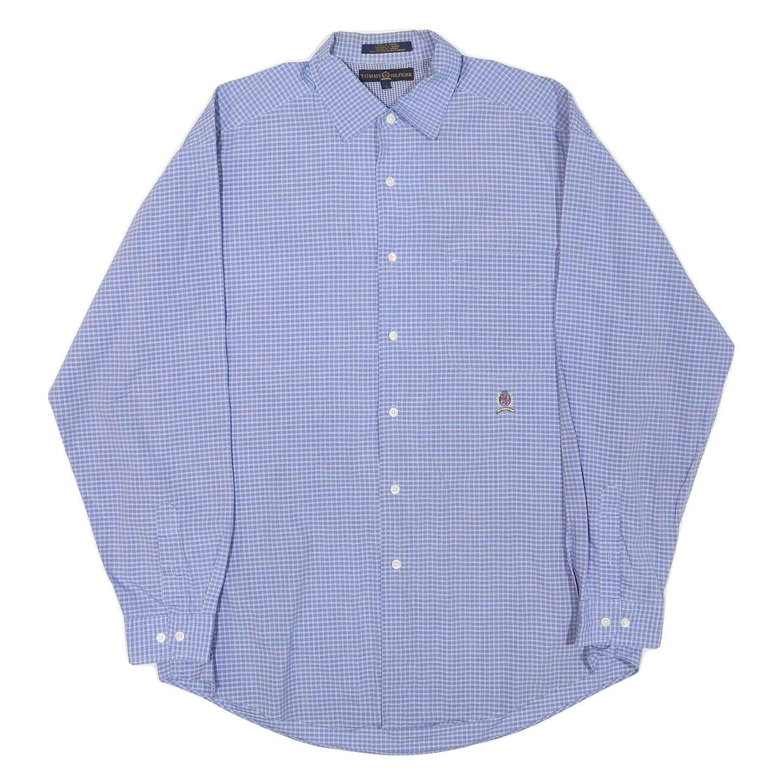 TOMMY HILFIGER Mens Blue Small Check Shirt L Classic Button Collar Long Sleeve