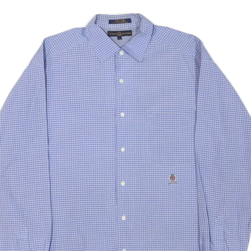 TOMMY HILFIGER Mens Blue Small Check Shirt L Classic Button Collar Long Sleeve