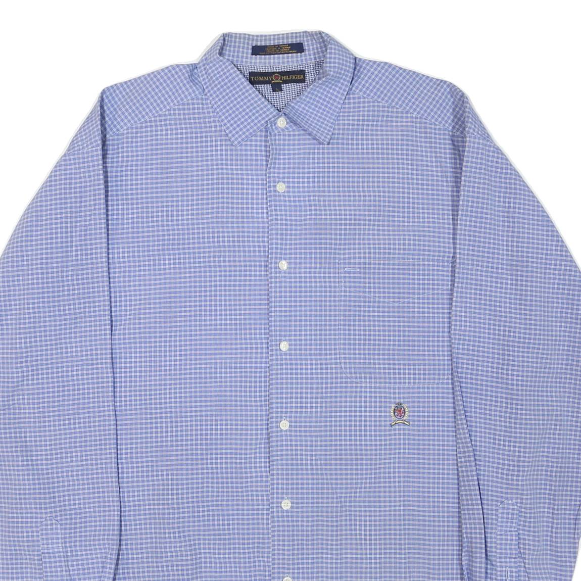 TOMMY HILFIGER Mens Blue Small Check Shirt L Classic Button Collar Long Sleeve