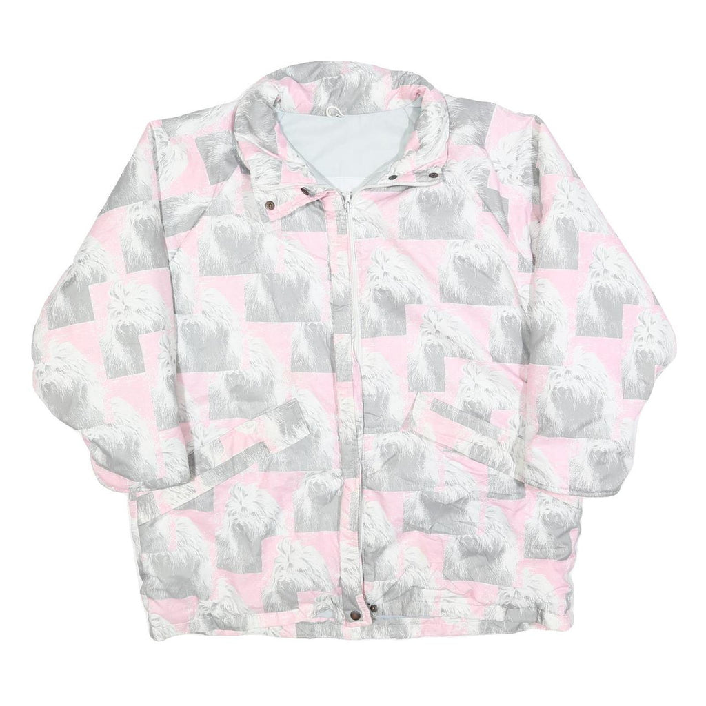 Womens Pink & Grey Dog Print Casual Jacket L Polyester Blend Zip Pocketed