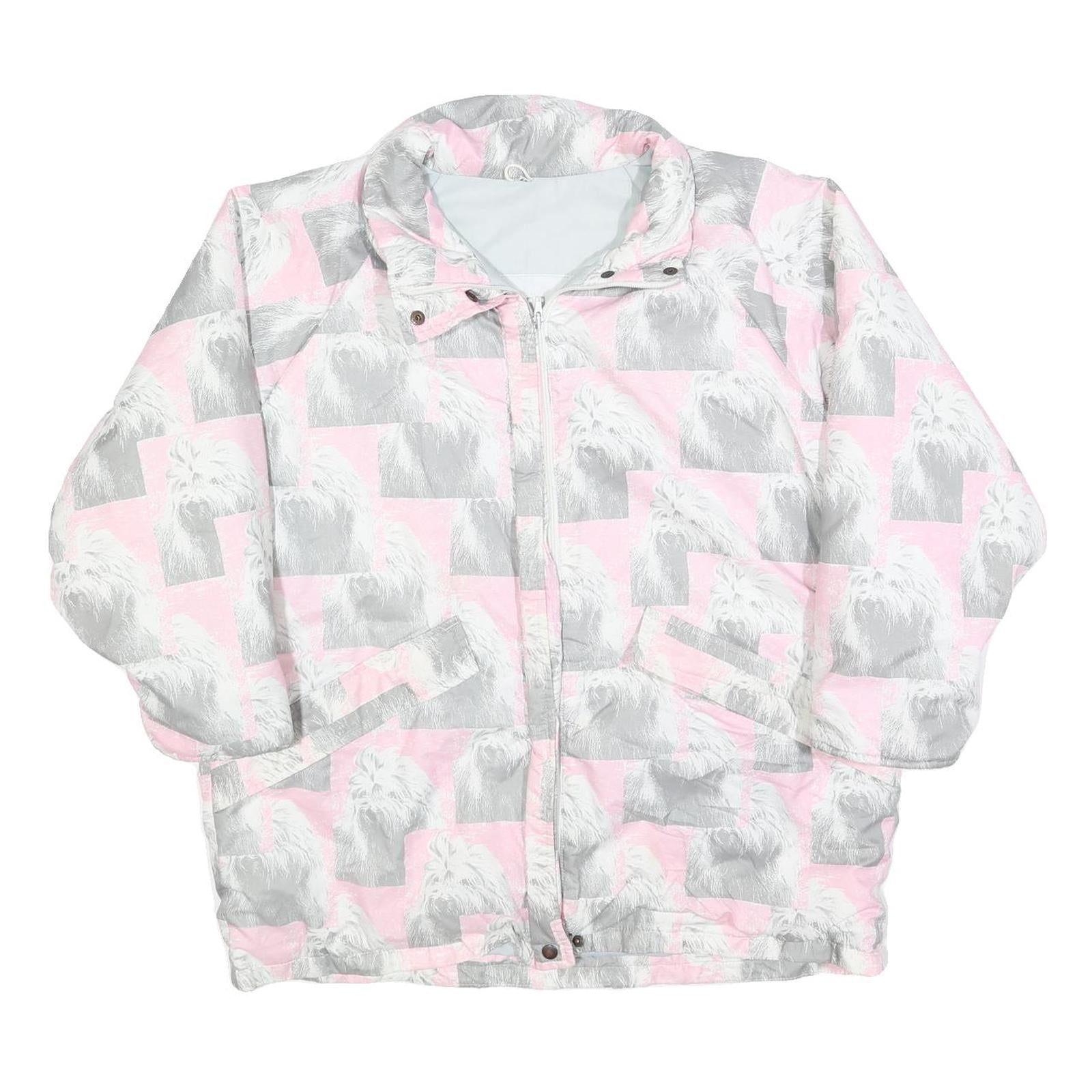 Womens Pink & Grey Dog Print Casual Jacket L Polyester Blend Zip Pocketed
