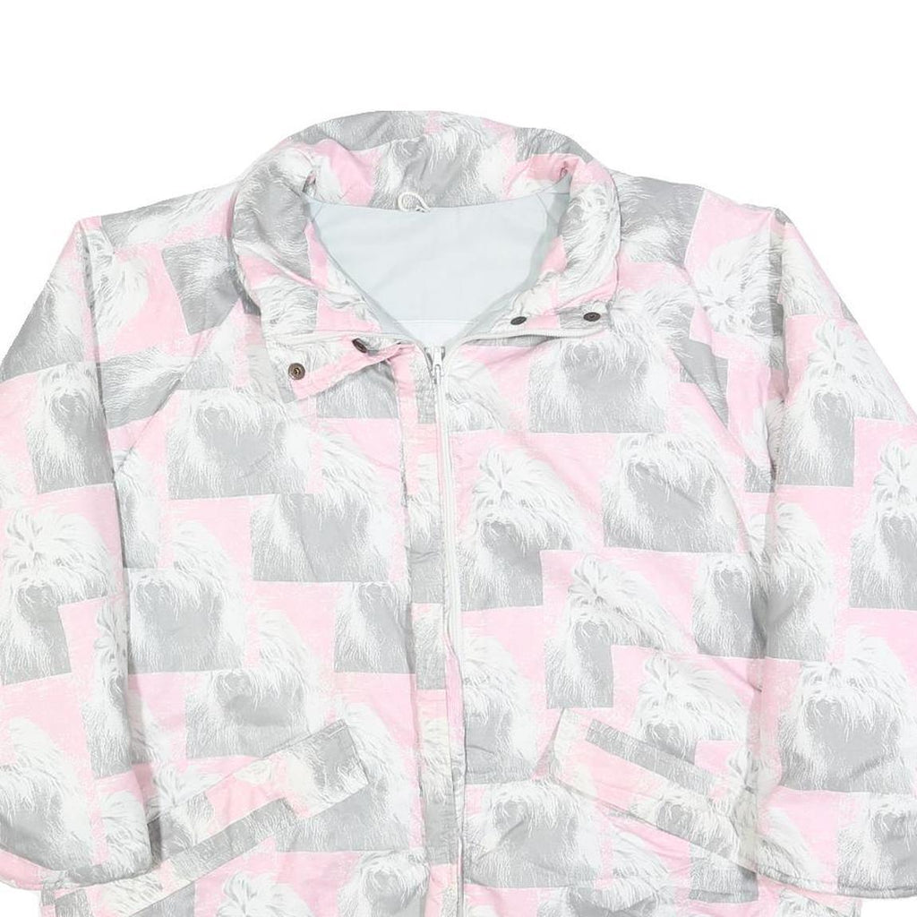 Womens Pink & Grey Dog Print Casual Jacket L Polyester Blend Zip Pocketed